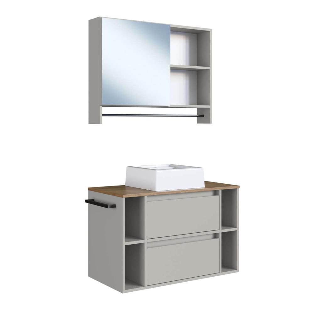 Gabinete Suspenso 80cm Cuba Espelheira Toalheiro Mel Arenas Conjunto para Banheiro com Espelheira CJ8010.20MA