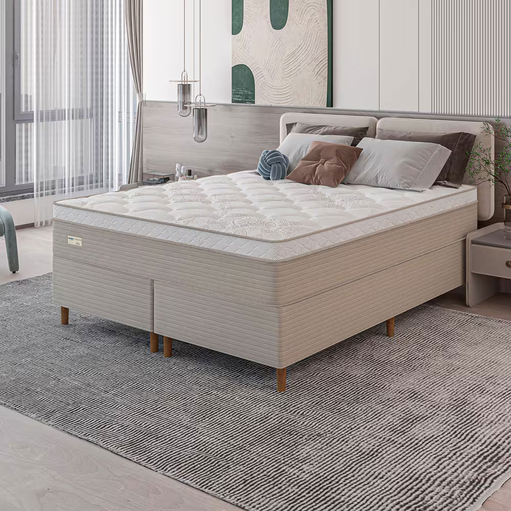 Cama Box Queen Size Umaflex Milão Bipartida com Revestimento em Malha + Colchão com Euro Pillow e Molas Ensacadas