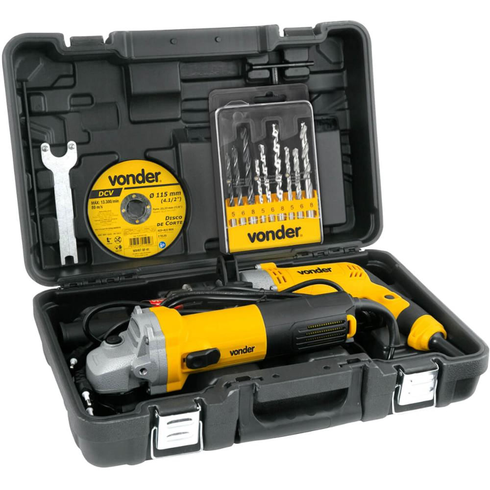 Conjunto Esmerilhadeira e Furadeira 127V Vonder EFV 751 com Brocas e Discos