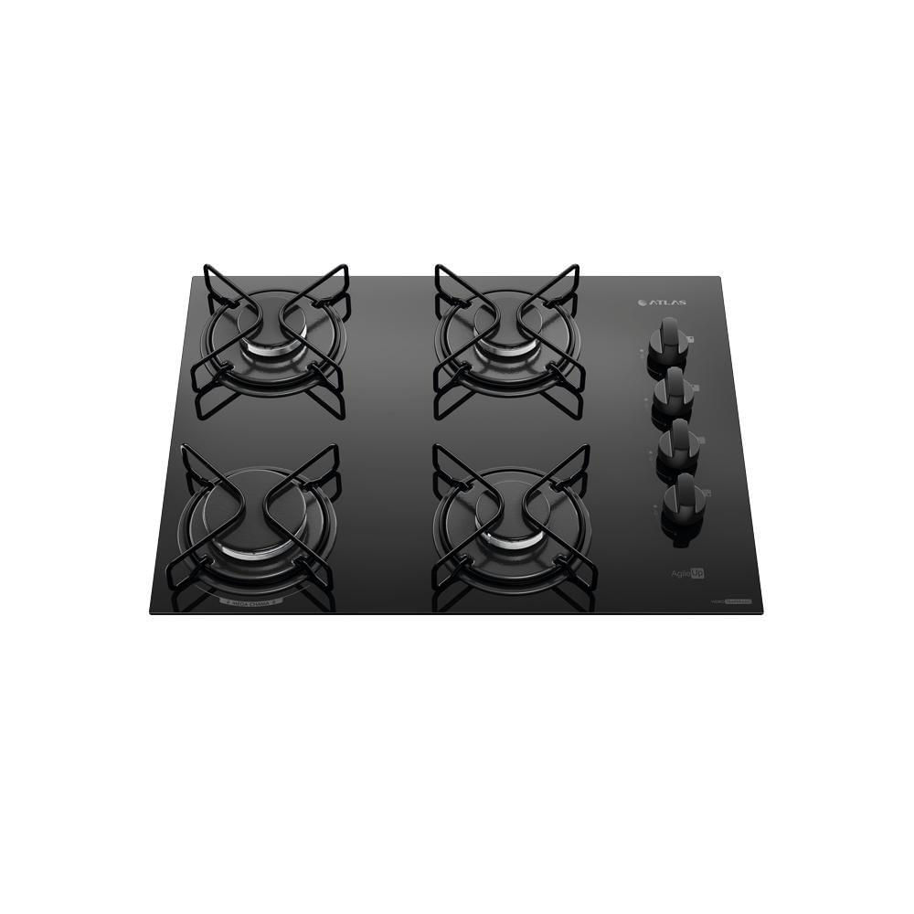 Cooktop 4 Bocas Preto Mesa De Vidro Atlas Agile Up Mega Chama Bivolt