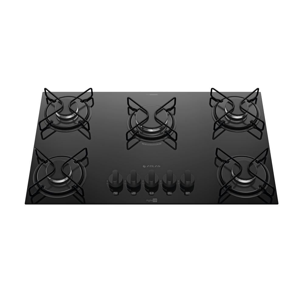 Cooktop 5 Bocas Preto Mesa De Vidro Atlas Agile Up Mega Chama Bivolt