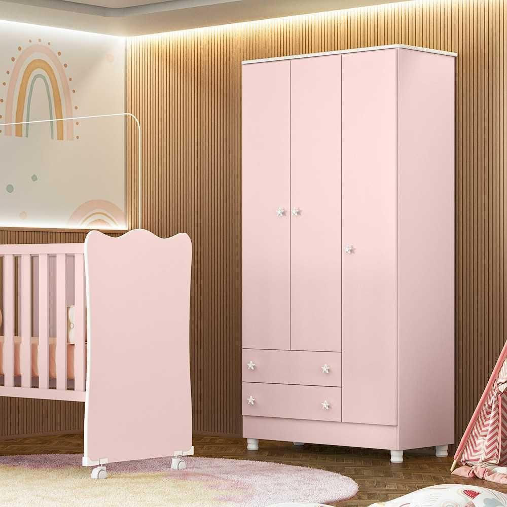 Guarda Roupa 3 Portas 2 Gavetas Doce Sonho Rosa Acetinado