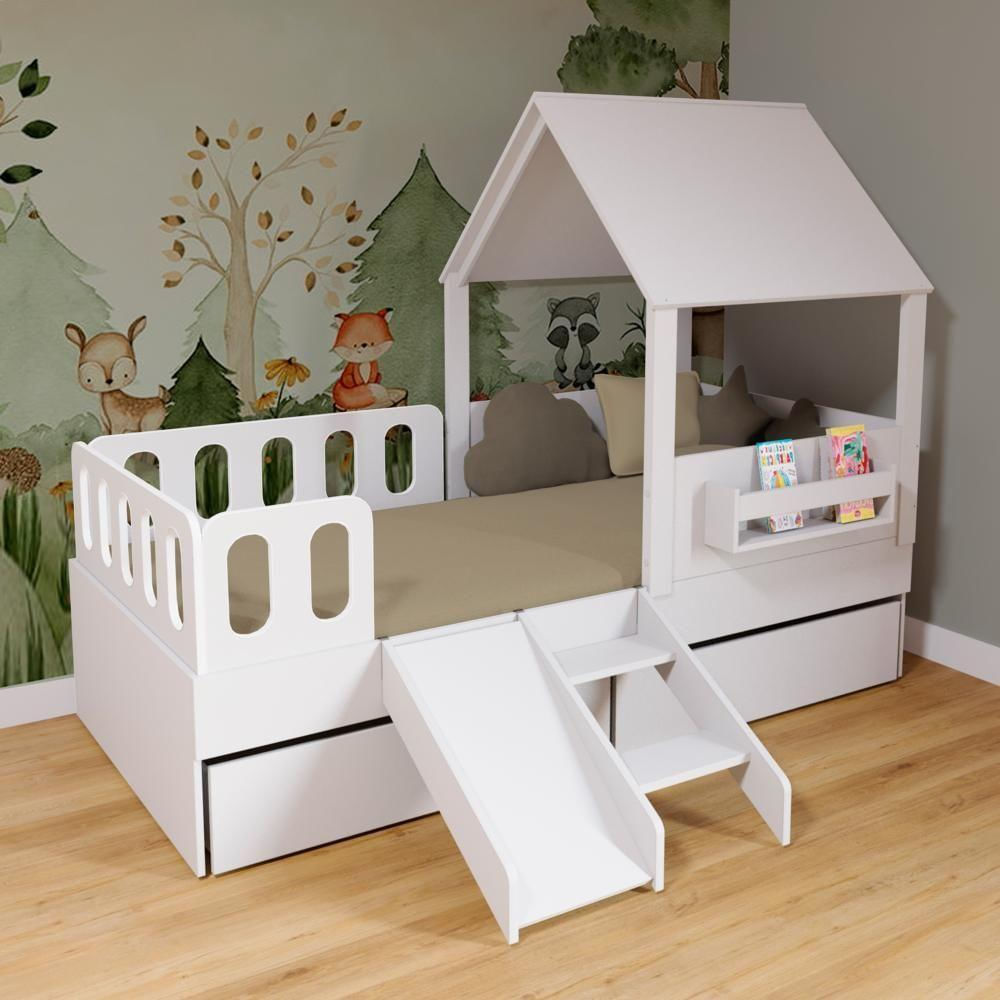Cama Casinha Com Telhado Mdf 02 Gavetas Kit Escada E Grades Anatômica Branco Mobilistore