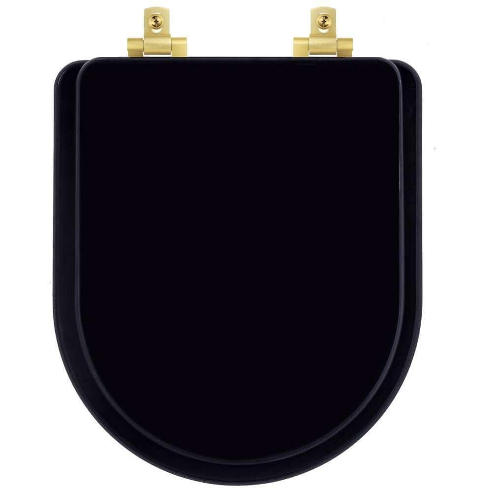 Tampa De Vaso Laqueado Com Amortecedor Link-lk Preto Para Bacia Deca Com Ferragem Dourada
