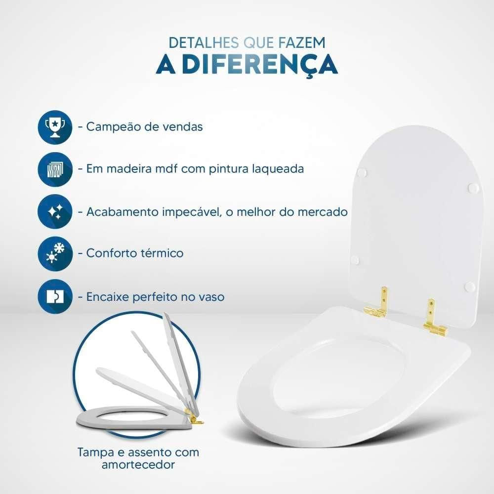 Tampa De Vaso Mdf Com Amortecedor Smart Onix (preto Fosco) Para Bacia Celite Com Ferragem Dourada