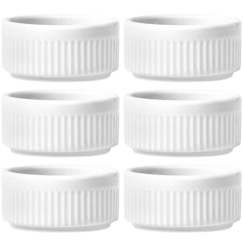 Kit 6 Ramekins Molheiras Porcelana Canelado Germer Branco Cremes Sobremesas
