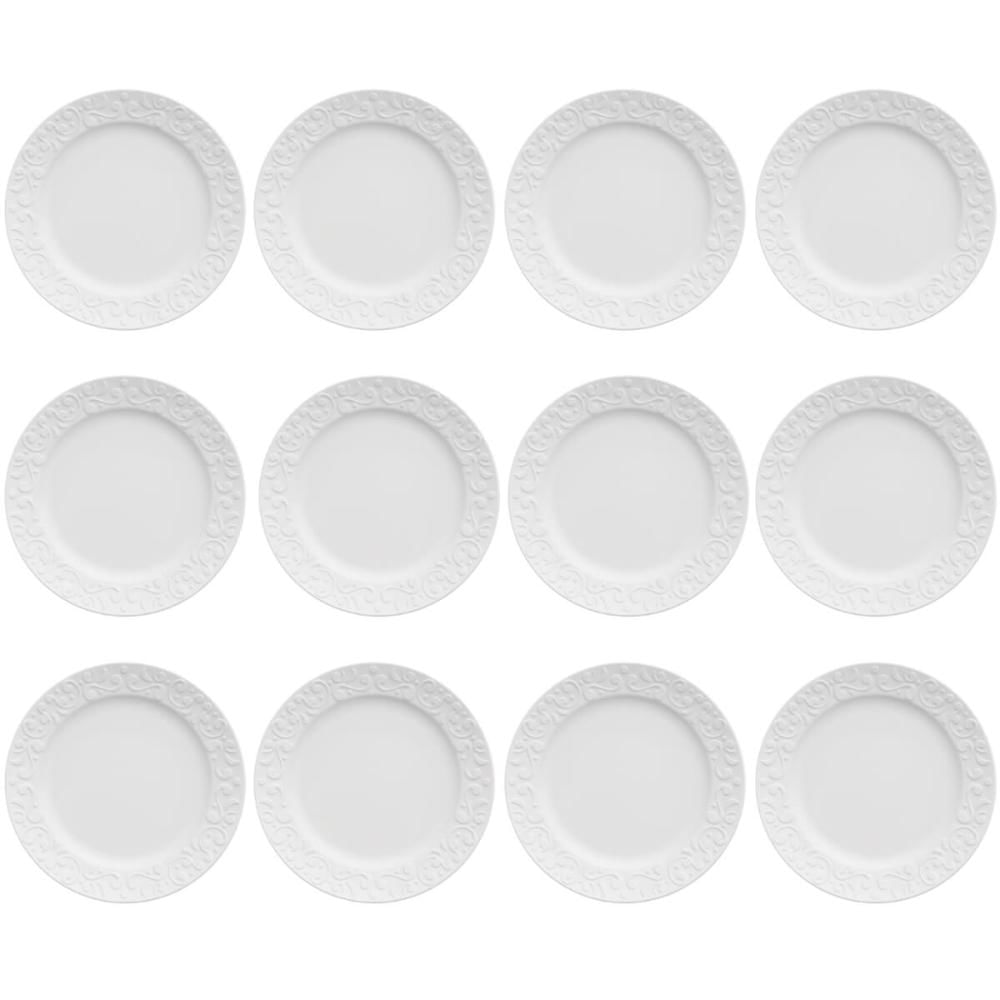 12 Pratos de Sobremesa 20,5cm Porcelana Tassel Germer Branco Redondo Mesa Posta
