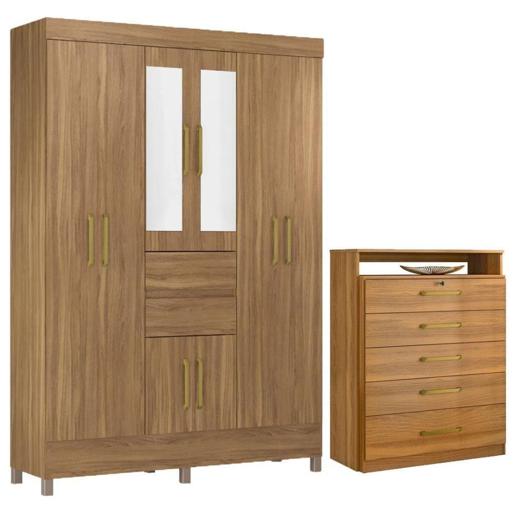 Kit Guarda Roupa Casal Com Espelho 8 Portas Munique Cômoda Triunfo Amêndola Touch
