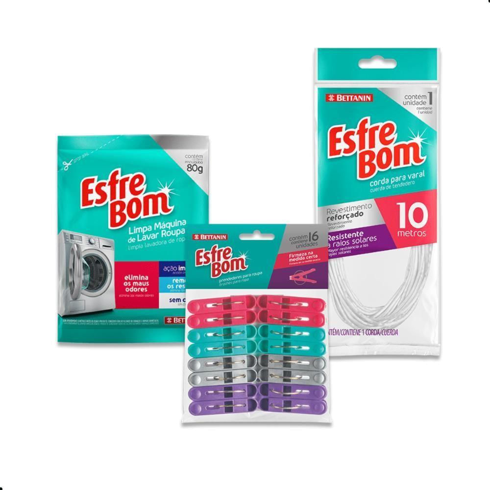 Kit Lavanderia Esfrebom Limpa Máquinas + Prendedor + Varal
