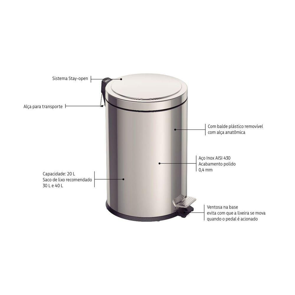 Lixeira Com Pedal Tramontina Brasil Em Aço Inox Com Balde Interno 20 L