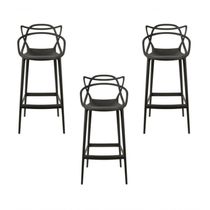 Conjunto 3 Banqueta Allegra Alta Master Empilhavel Preta Cozinha Americana Balcão Polipropileno