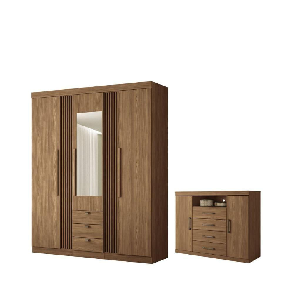 Kit Guarda Roupa Espelho E Cômoda Denver Jatoba