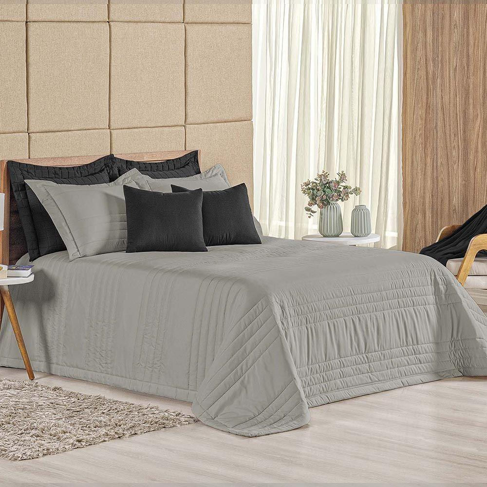 Kit Cobre Leito Colcha Dobby King 3 Peças Matelado 180 Fios - Cinza - 100% Poliéster
