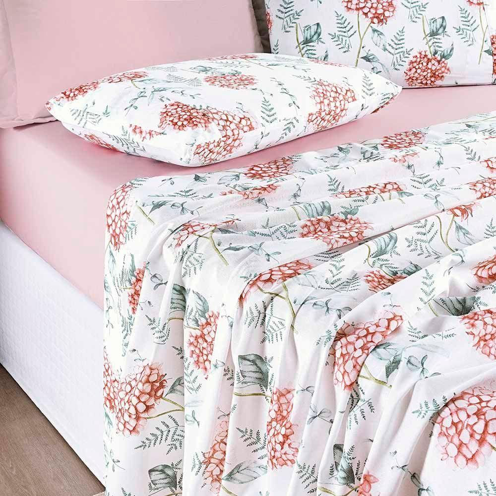 Jogo De Cama Lençol Maggy Queen 4 Peças Percale 200 Fios Estampado Hortencia Floral Rosa 80% Algodão - 20% Poliéster