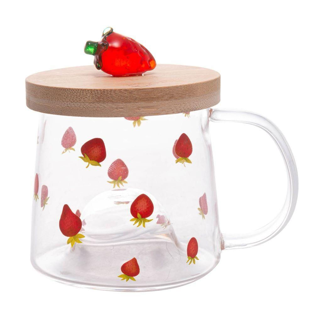 Caneca De Vidro Borossilicato Com Pires De Bambu Morango 330ml 5707 - Lyor