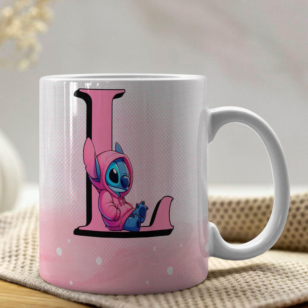 Caneca De Porcelana Stitch Letras A-z 325ml Rosa L