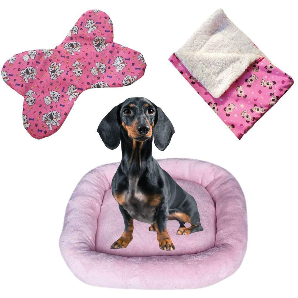 Cama Bigata G Tecido Soft Com Comedouro E Mantinha Kit 3 Peças Rosa