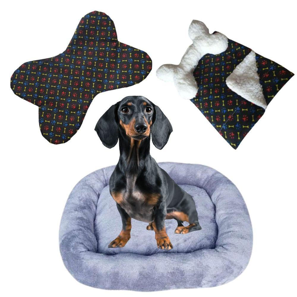 Kit Cama Pet Bigata G Luxo Com Comedouro Osso E Mantinha Cinza