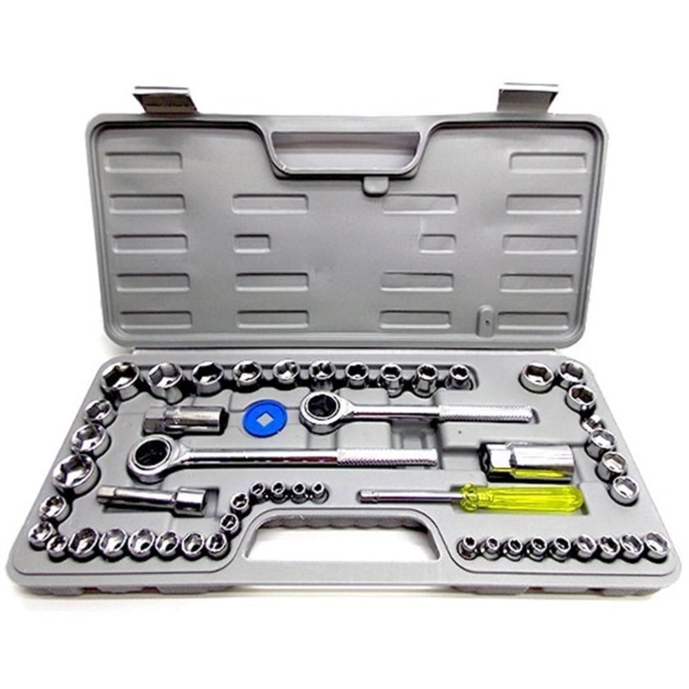 Jogo Chaves Soquete 52 Pecas Kit Completo Ferramentas Maleta Catraca 3/8 1/2 E 1/4 Reversivel Profissional