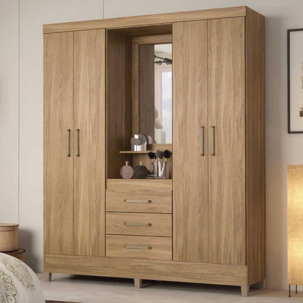 Guarda Roupa Casal 4 Portas Com Espelho E 3 Gavetas Colombo Amêndola Touch