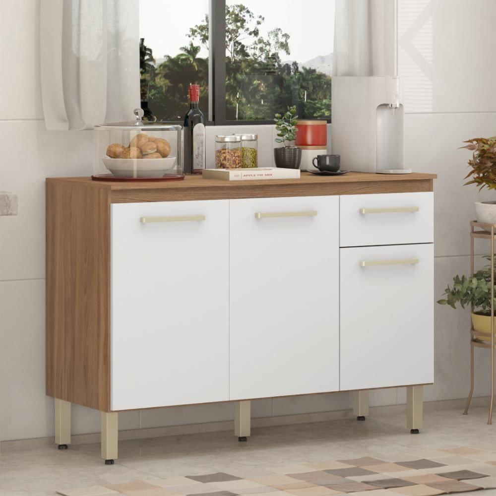 Balcão De Cozinha 3 Portas E 1 Gaveta Dama - Amêndola Touch/branco