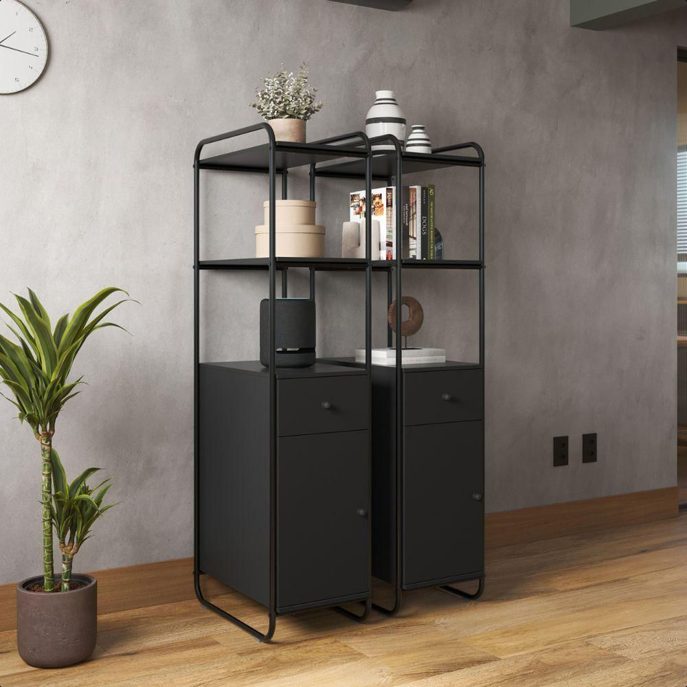 Estante Livreiro Office Industrial Em Aço E Madeira Criare Preto