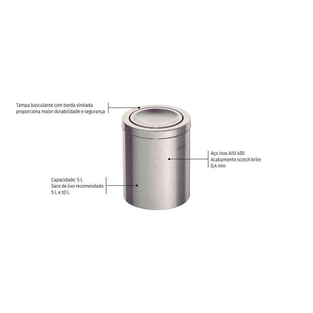 Lixeira Inox Tramontina Swing Scotch Brite E Tampa Basculante 5 L