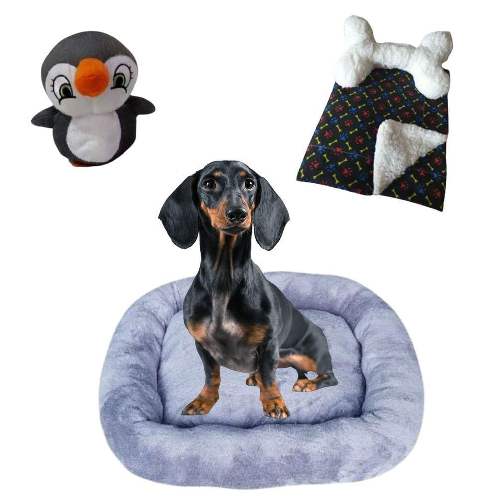 Kit Cama Pet Bigata G Luxo Com Osso Pelucia E Mantinha Cinza