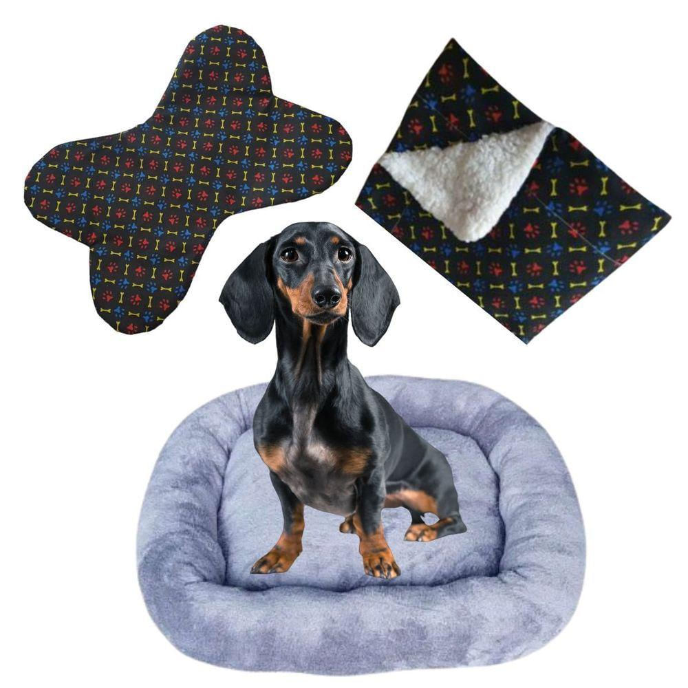Cama Bigata G Tecido Soft Com Comedouro E Mantinha Kit 3 Peças Cinza