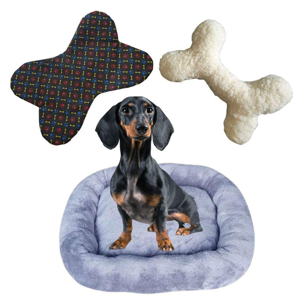 Kit Cama Pet Bigata G Luxo Fofa Com Comedouro E Osso Cinza
