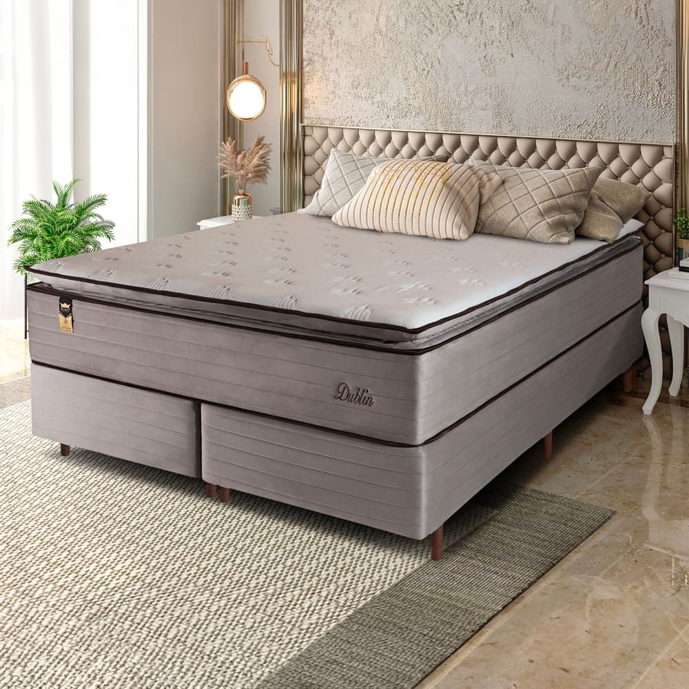 Cama Box Bipartida King Size Hellen Dublin Linho com Molas Ensacadas e Espuma D26 66x193x203 cm