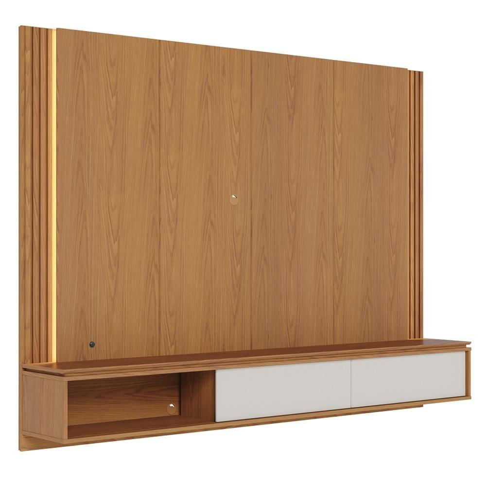 Painel Para Tv 75 Pol Bancada Suspensa Led Horebe C04 Freijó Off White Matte - Lyam Decor