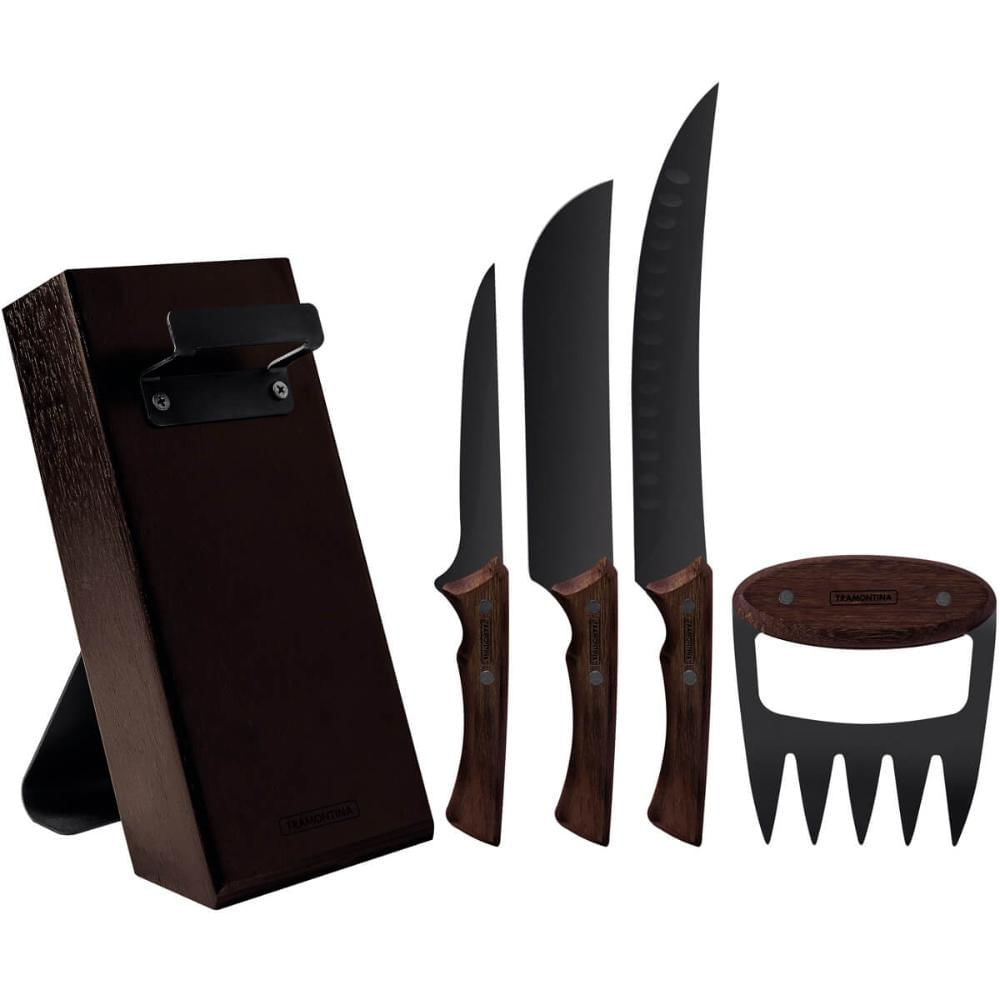 Kit para Churrasco Tramontina Black 5pçs Facas 6' 8' 10' Garra de Urso Suporte Cepo de Madeira