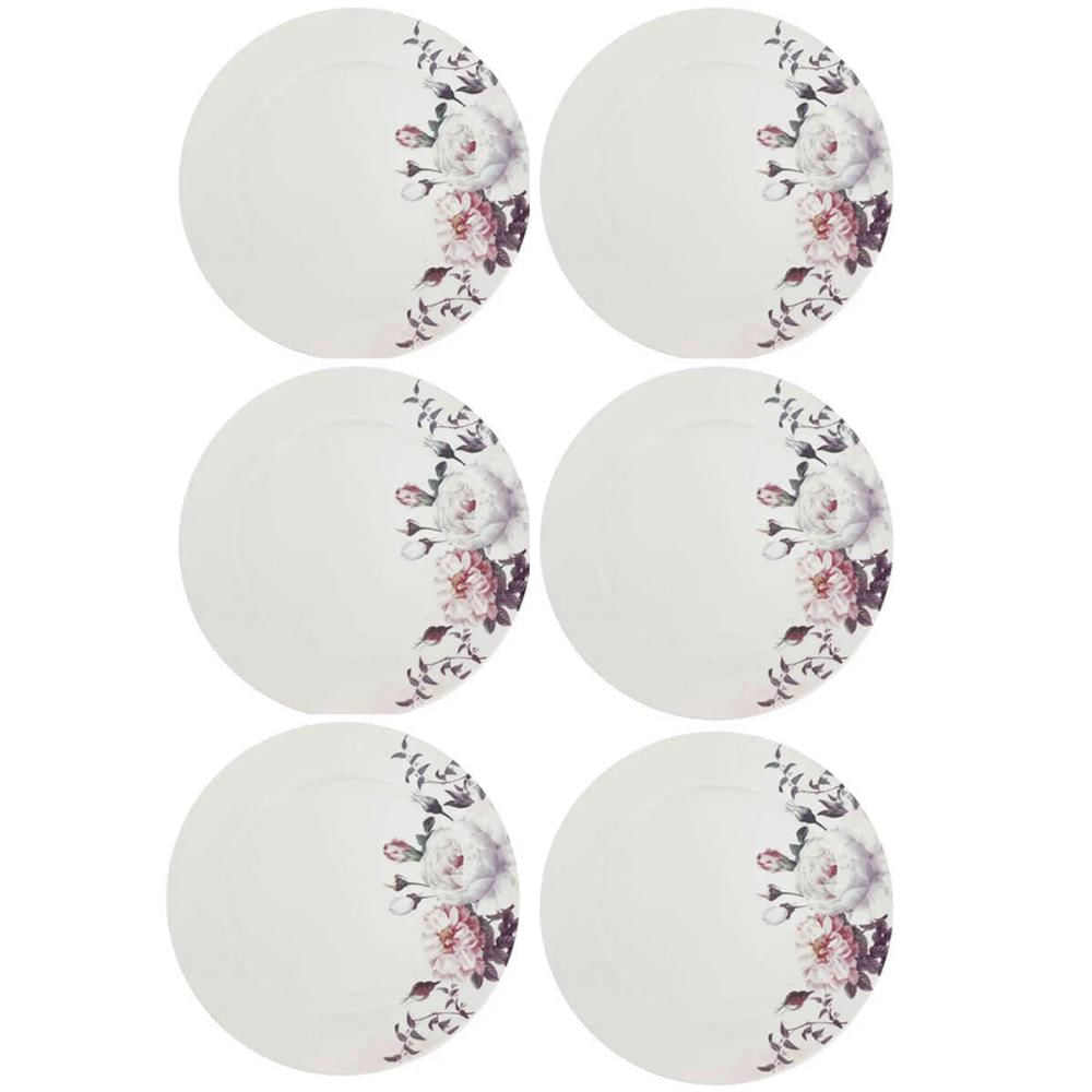 Jogo 6 Pratos Rasos de Porcelana Germer Branco Garden com Estampa Floral Redondos 27cm