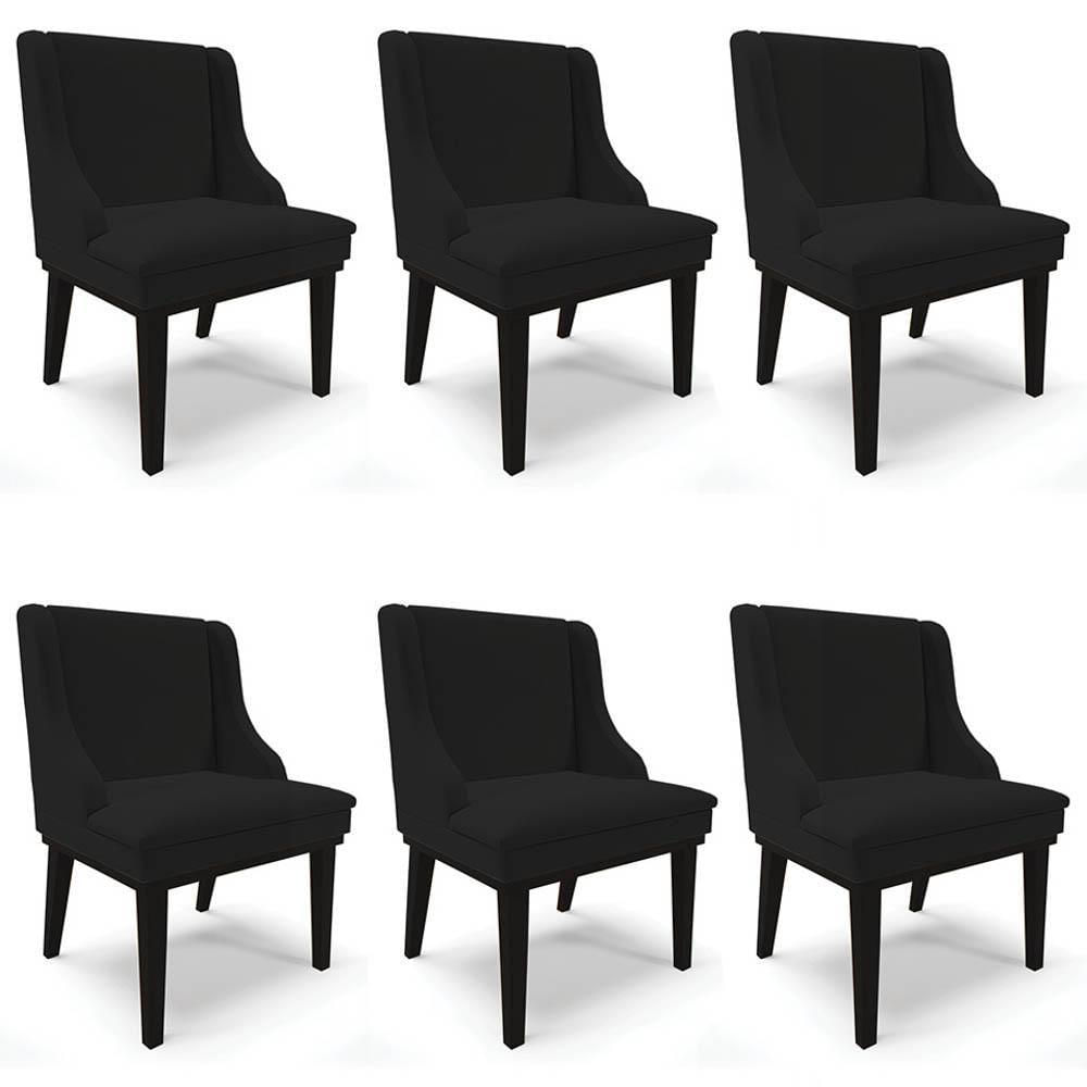 Kit 6 Cadeiras Estofadas Para Sala De Jantar Base Fixa De Madeira Preto Lia Linho Preto - Ibiza