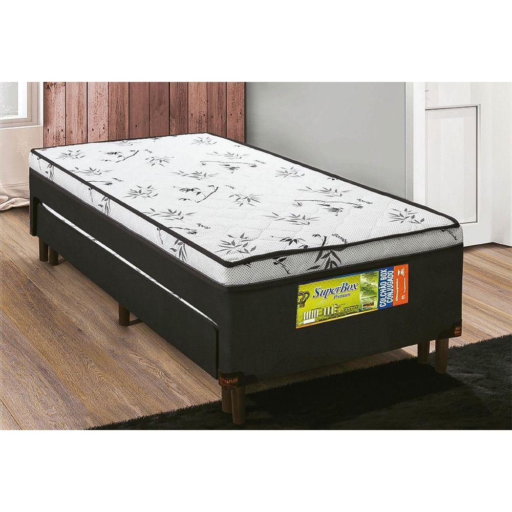 Cama Box Conjugado Solteiro Super Box Premium Auxiliar Espuma D28 1,88x0,88x0,52 Branco E Preto