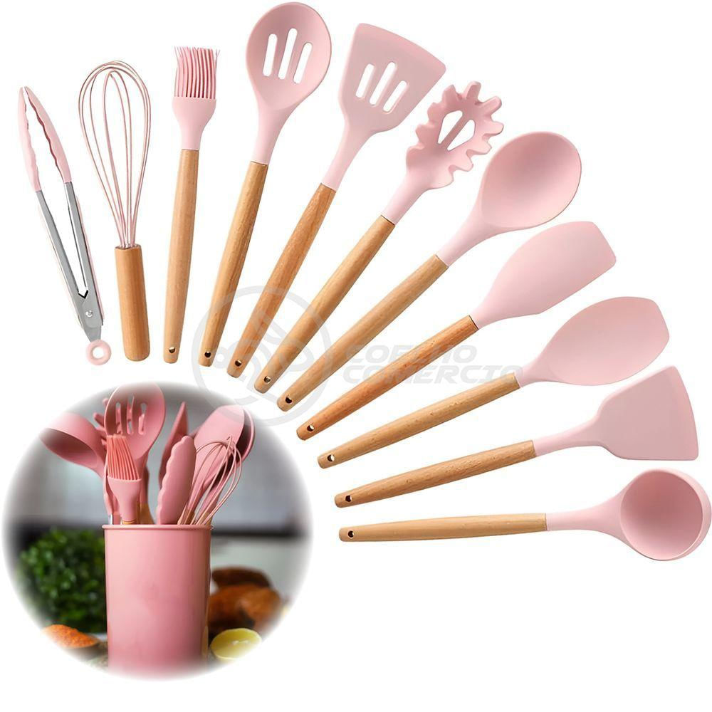 Kit 12 Utensílios Jogo De Cozinha De Silicone Com Espatulas Pincel Batedor Manual - Rosa