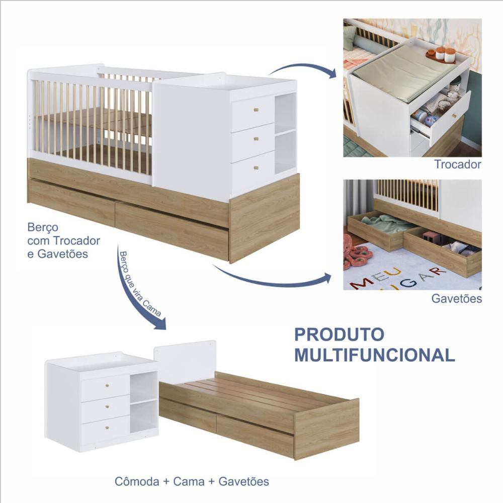 Berço Cama Multifuncional com Gavetões Aveiro com Branco