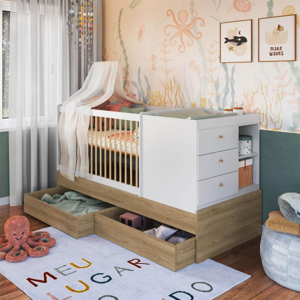 Berço Cama Multifuncional com Gavetões Aveiro com Branco