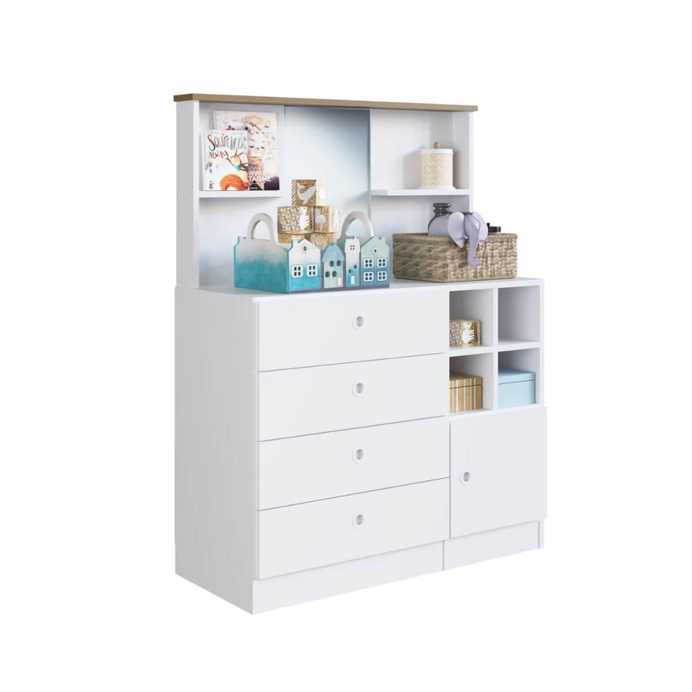 Cômoda Infantil Branca com 4 Gavetas 1 Porta e Espelho House MDP Art In Móveis