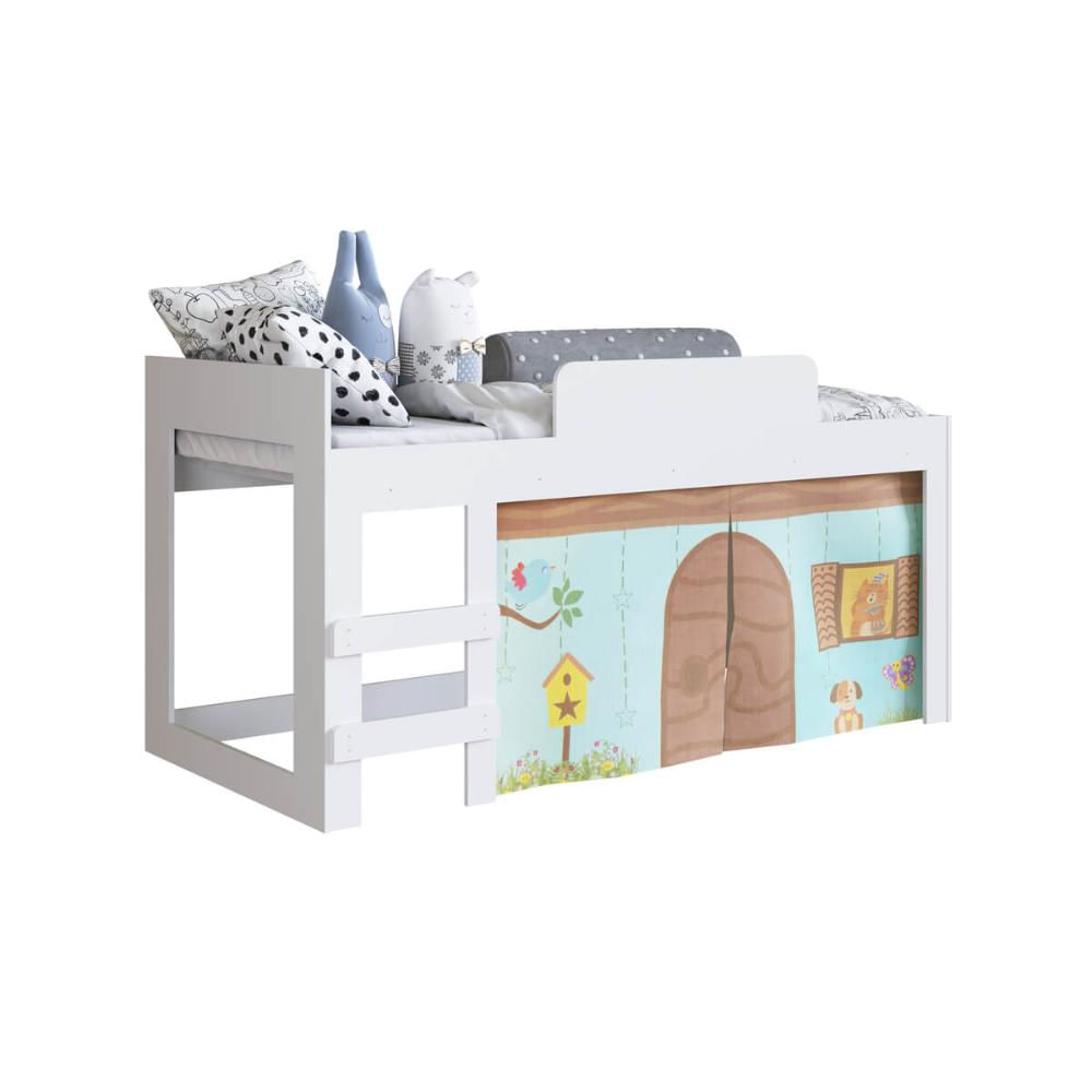 Cama Infantil Branca Cabaninha com Protetor Lateral e Escada MDP Alegria Meu Fofinho