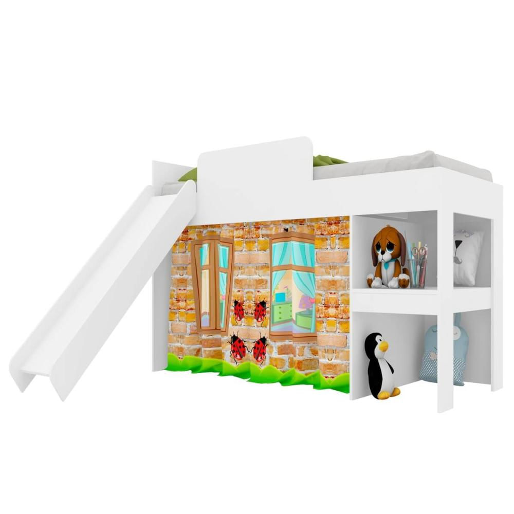 Cama Infantil Branca Cabaninha com Escorregador Playground MDP Escada Prateleira