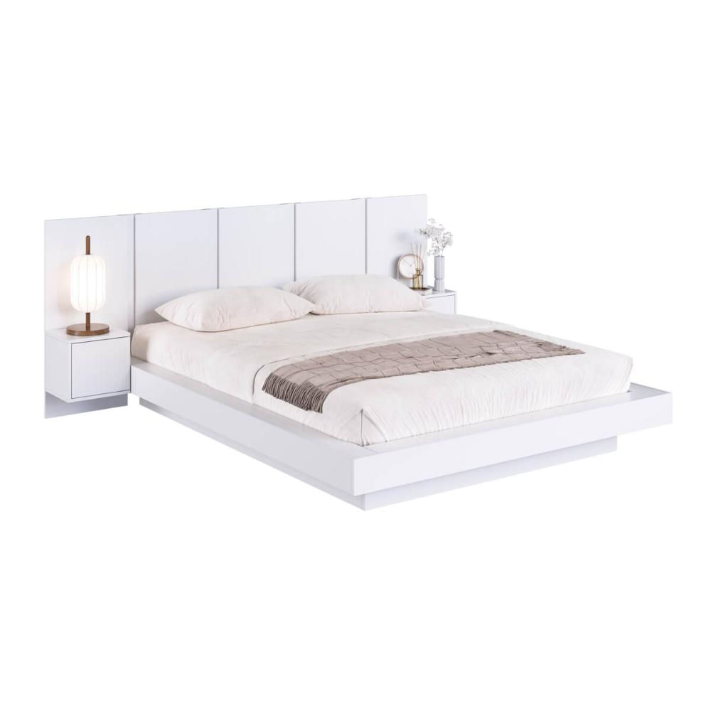 Cama de Casal Queen Suspensa com Cabeceira e Mesas de Apoio Branco MDP Zurique