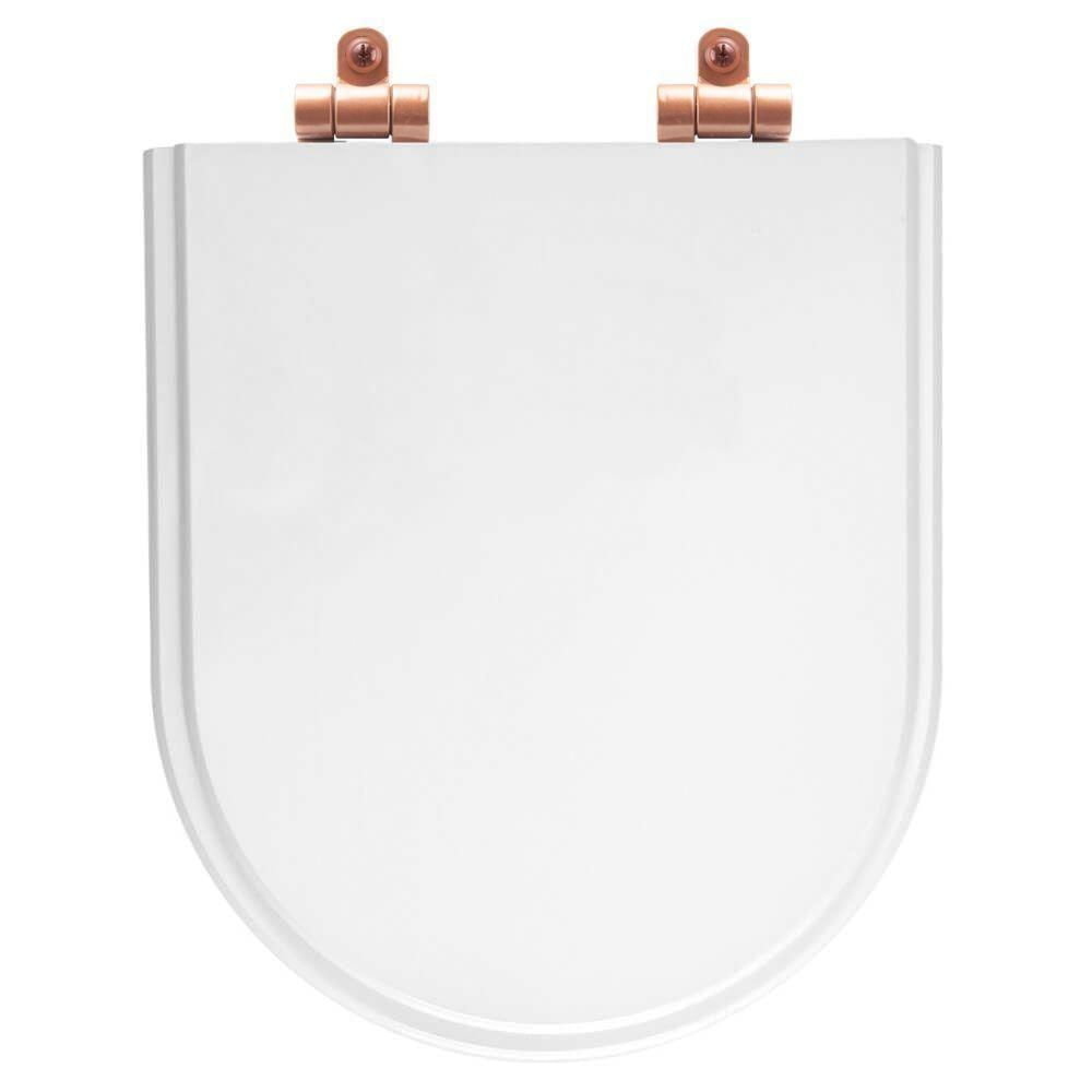 Tampa De Vaso Poliéster Com Amortecedor Link-lk Branco Para Bacia Deca Com Ferragem Rose Gold