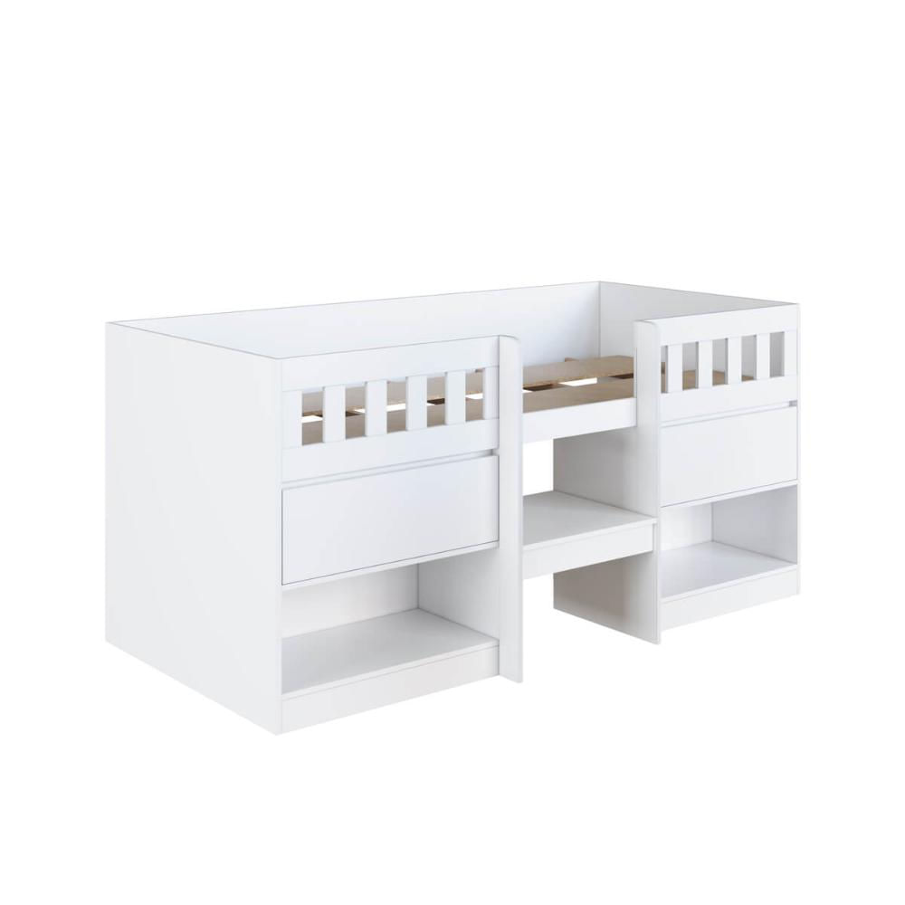 Cama Alta Infantil Branco com Portas Prateleiras MDP Ilha Bela Art In Móveis
