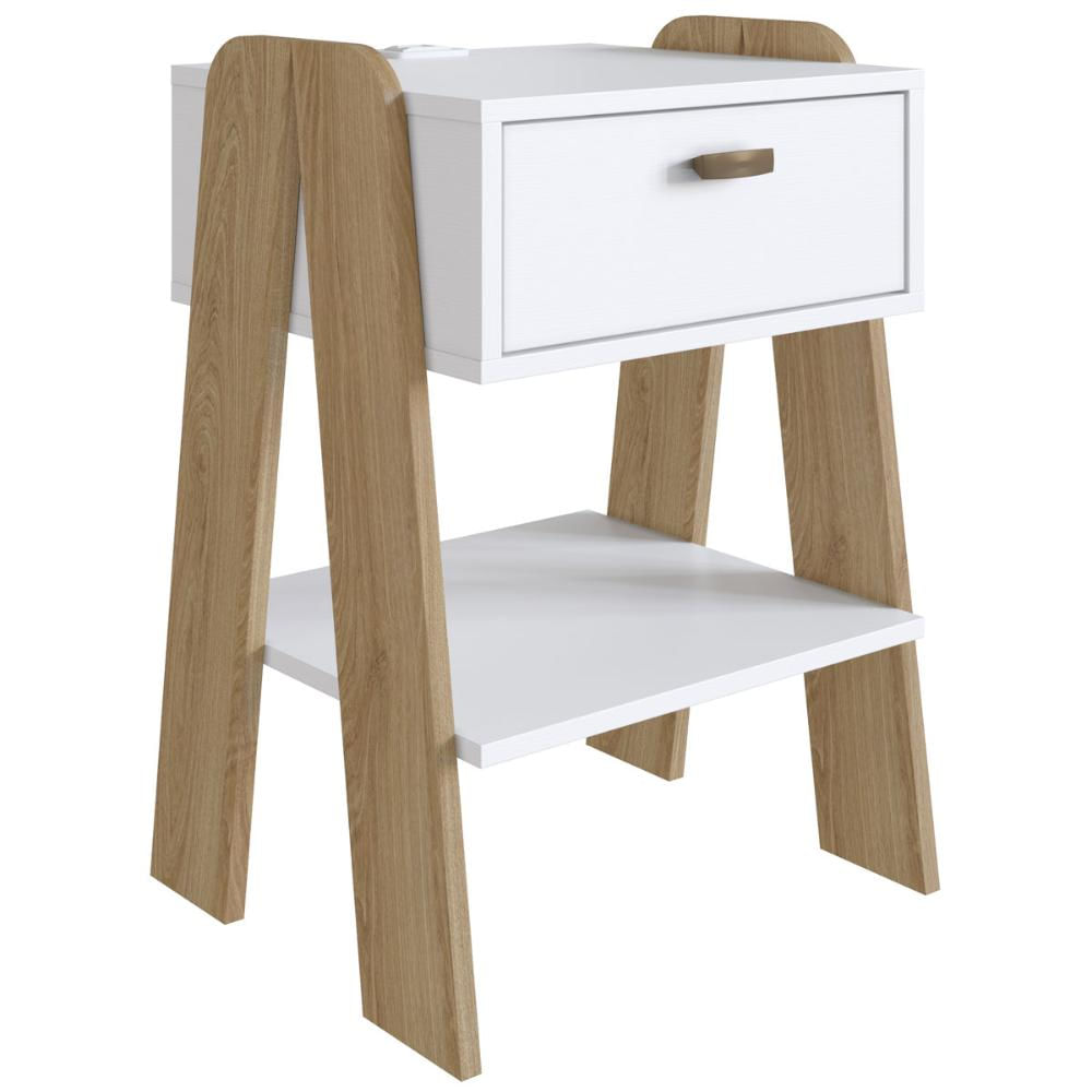 Mesa de Cabeceira Branco Aveiro Oak Gaveta Prateleira Tomada