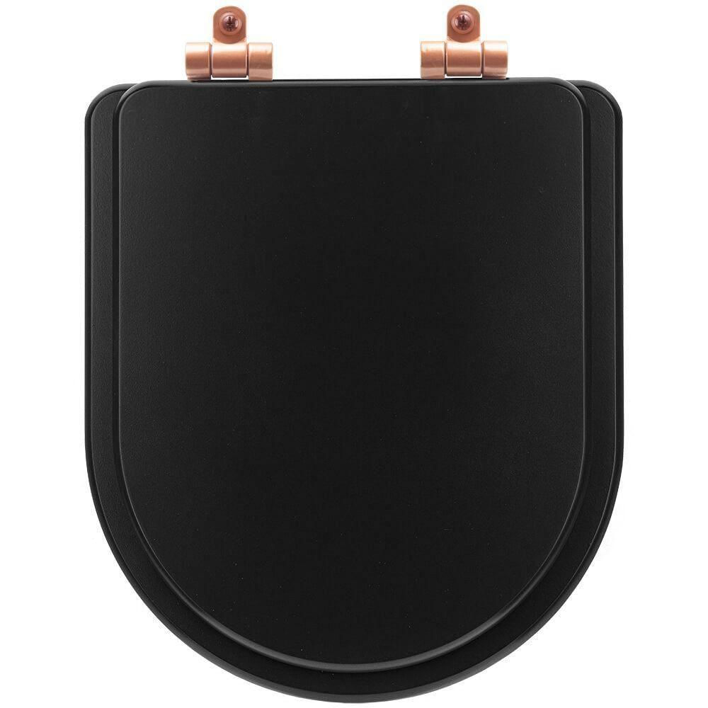 Tampa De Vaso Poliéster Com Fechamento Lento Nexo Onix (preto Fosco) Para Louça Roca Com Ferragem Rose Gold