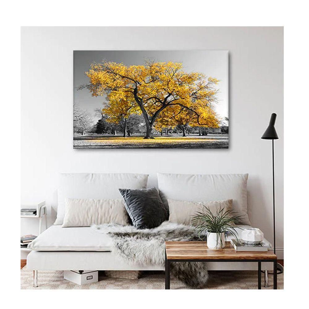 Quadro Paisagens E Natureza Arvore Amarela C- Moldura Dourada E Vidro Tamanho:90 X 60 Cm