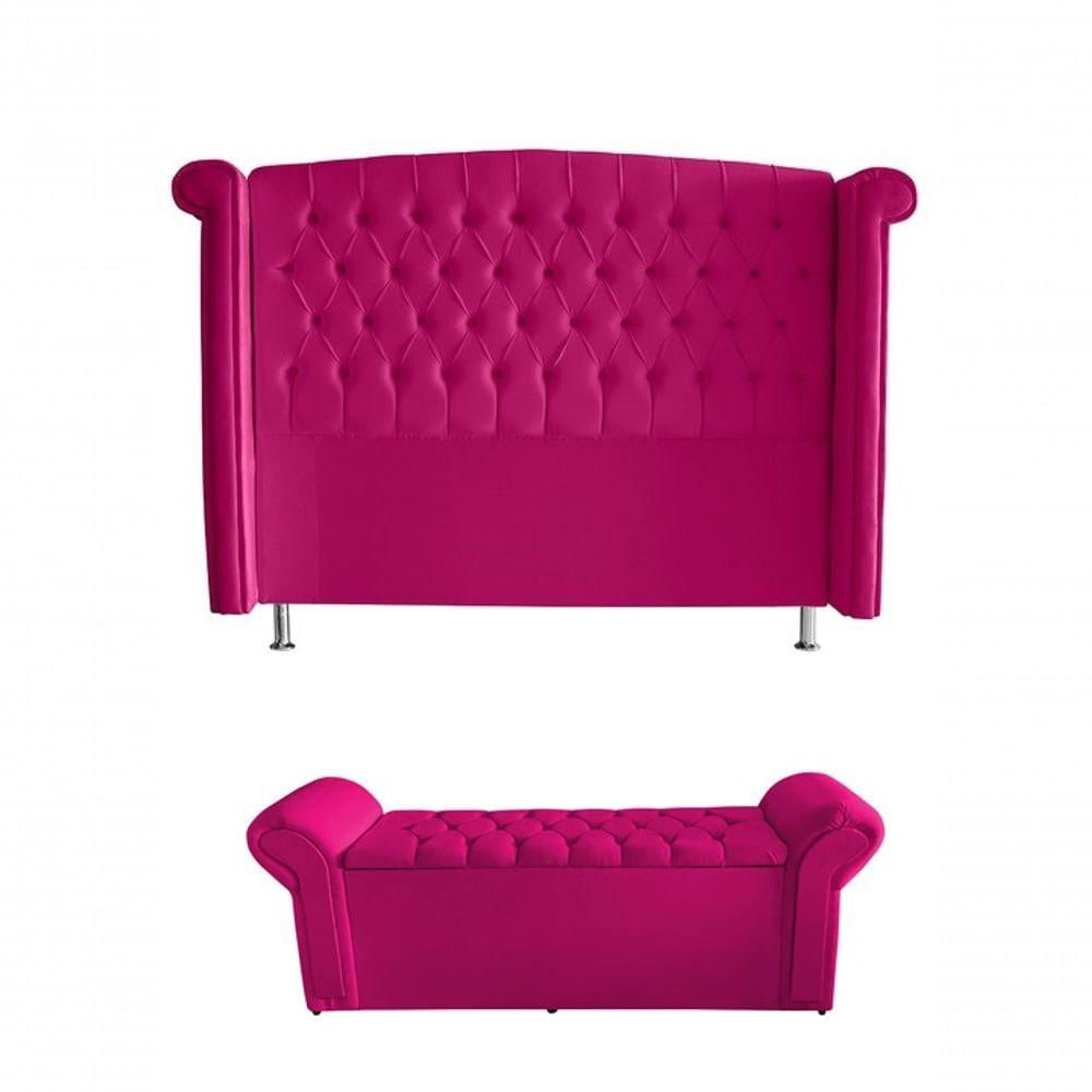 Kit Realeza Cabeceira De Cama Box E Calçadeira Baú Queen 160 Cm Suede Rosa Pink Eli Móveis