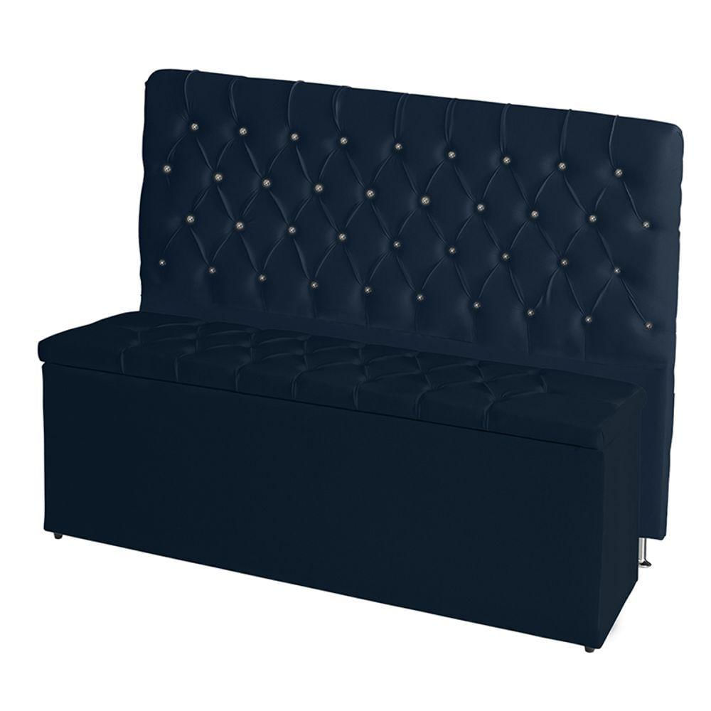 Kit De Quarto Cabeceira De Cama Box E Calçadeira Baú Bella Casal Queen 160 Cm Suede Botão Strass Azul Marinho Eli Móvei